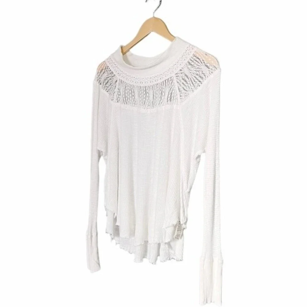 Free People Spring Valley Thermal Tee Lace Inset Oversized Raw Hem Size Small
